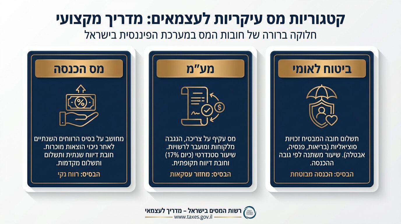 שלושת סוגי המיסים שפרילנסרים משלמים · מס הכנסה, מע״מ וביטוח לאומי