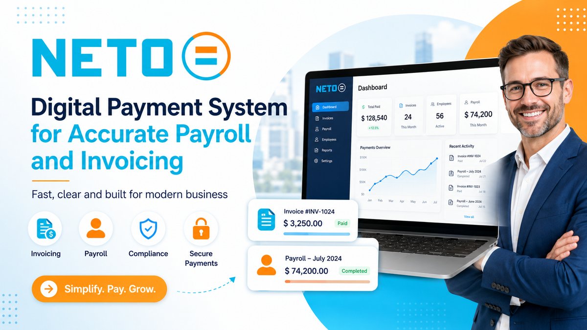 NETO digital payment system dashboard showing invoicing, payroll, compliance and secure payments for a business