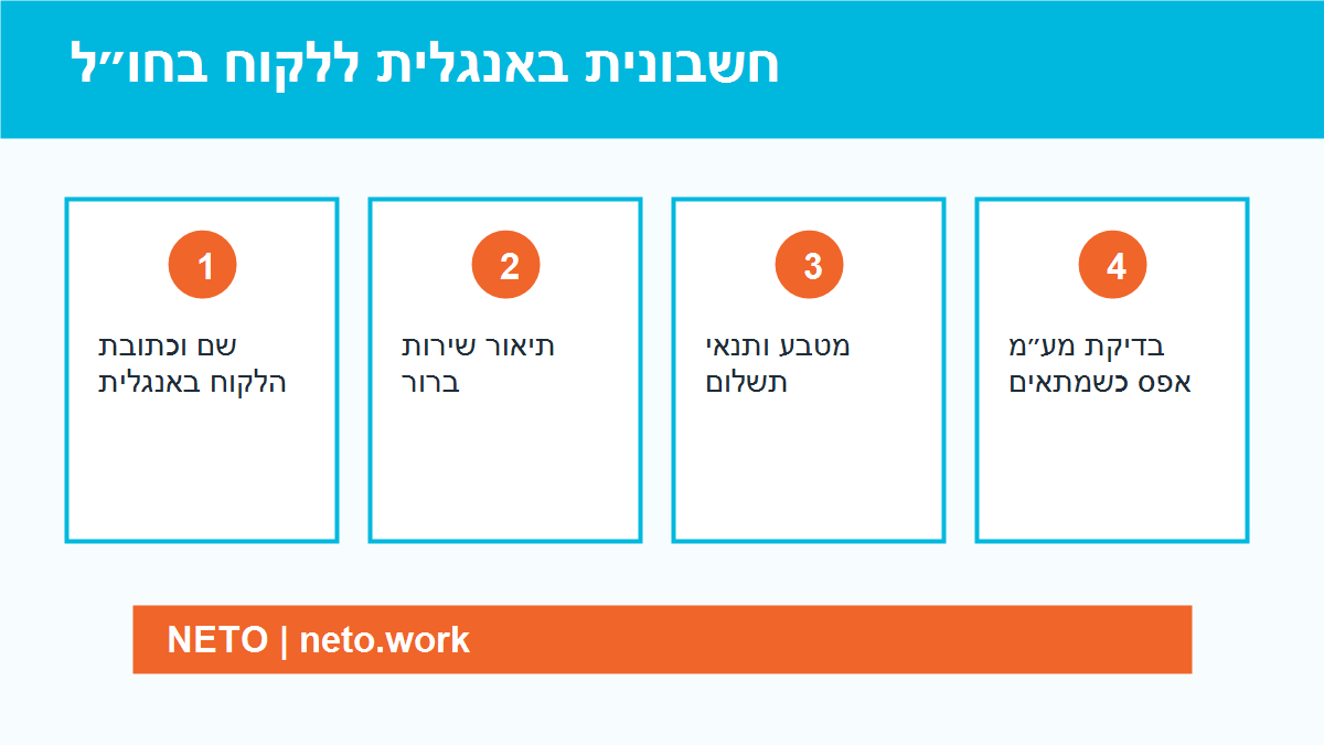 ארבע הנקודות לבדיקה בחשבונית באנגלית ללקוח בחו״ל ·