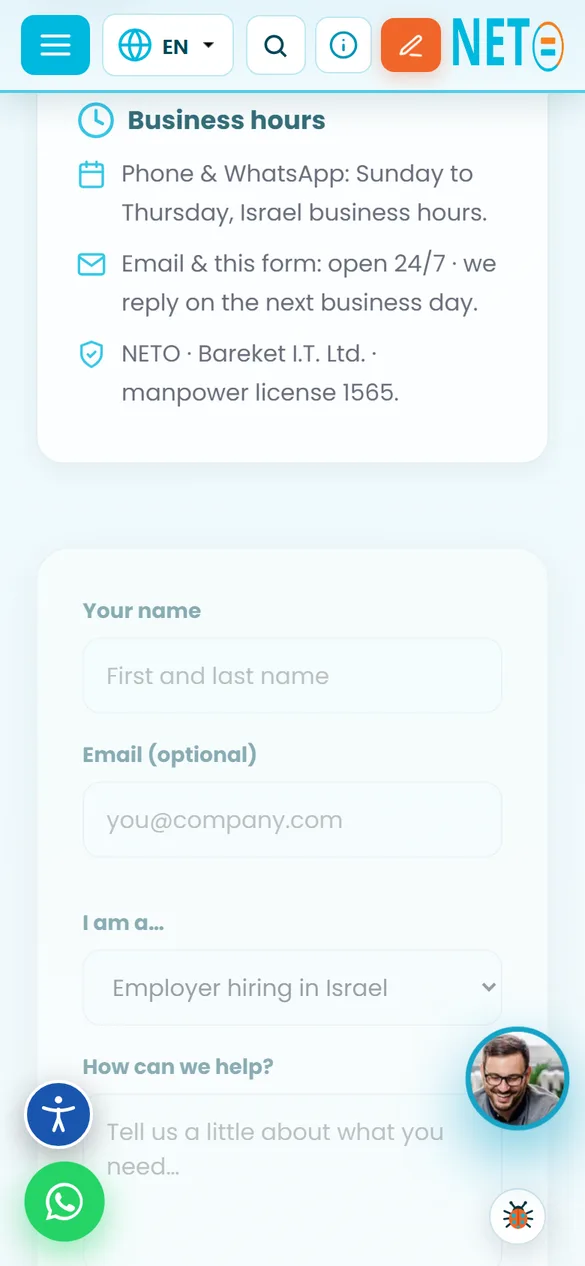 Screenshot of the NETO site on a phone · The contact form