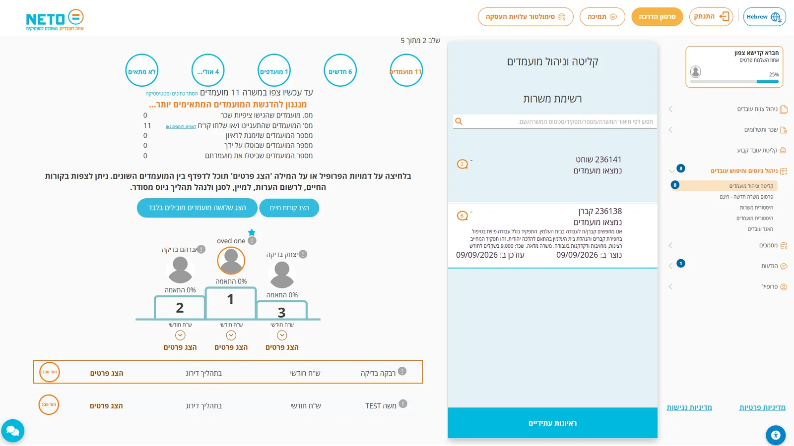 שלב 3 · טבלת נתונים וסטטיסטיקה על המועמדים למשרה
