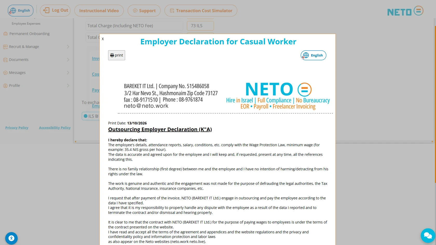 The Employer Declaration for a casual worker · opens from Final Approval, with the print button and signature area