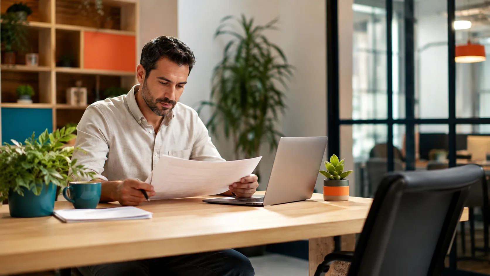 Business owner reviewing employment documents in a modern office · NETO employer guide