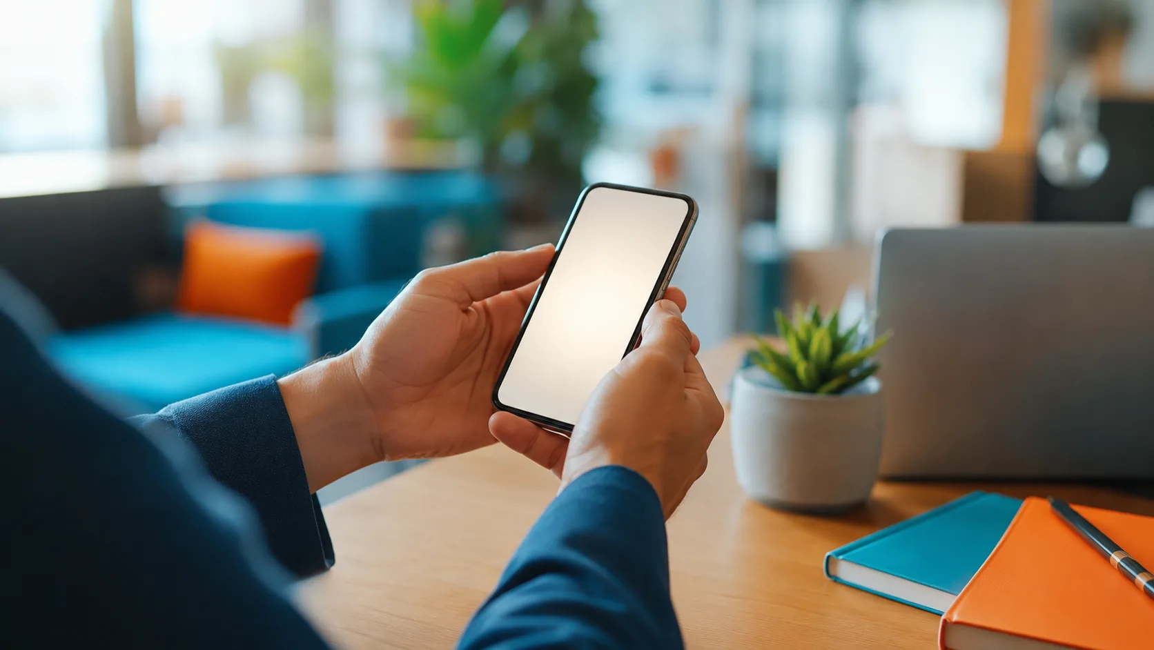 An employer's hands holding a smartphone in an office · NETO mobile employer guide