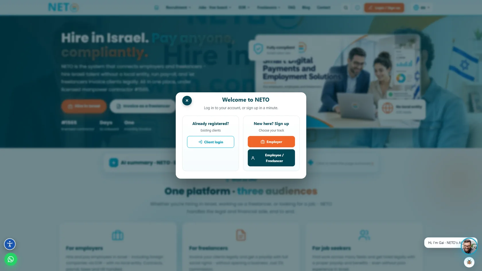 Step 1 · Welcome to NETO window with the Employer sign-up button and Client login