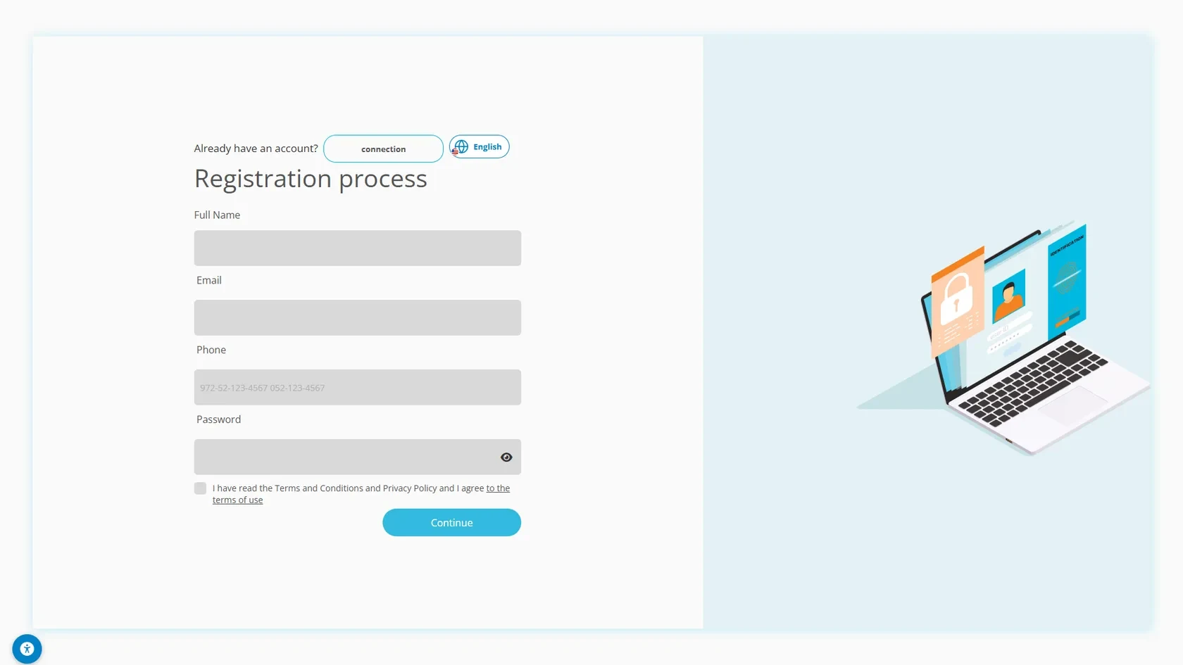 Step 2 · Registration process form with Full Name, Email, Phone, Password and the Continue button