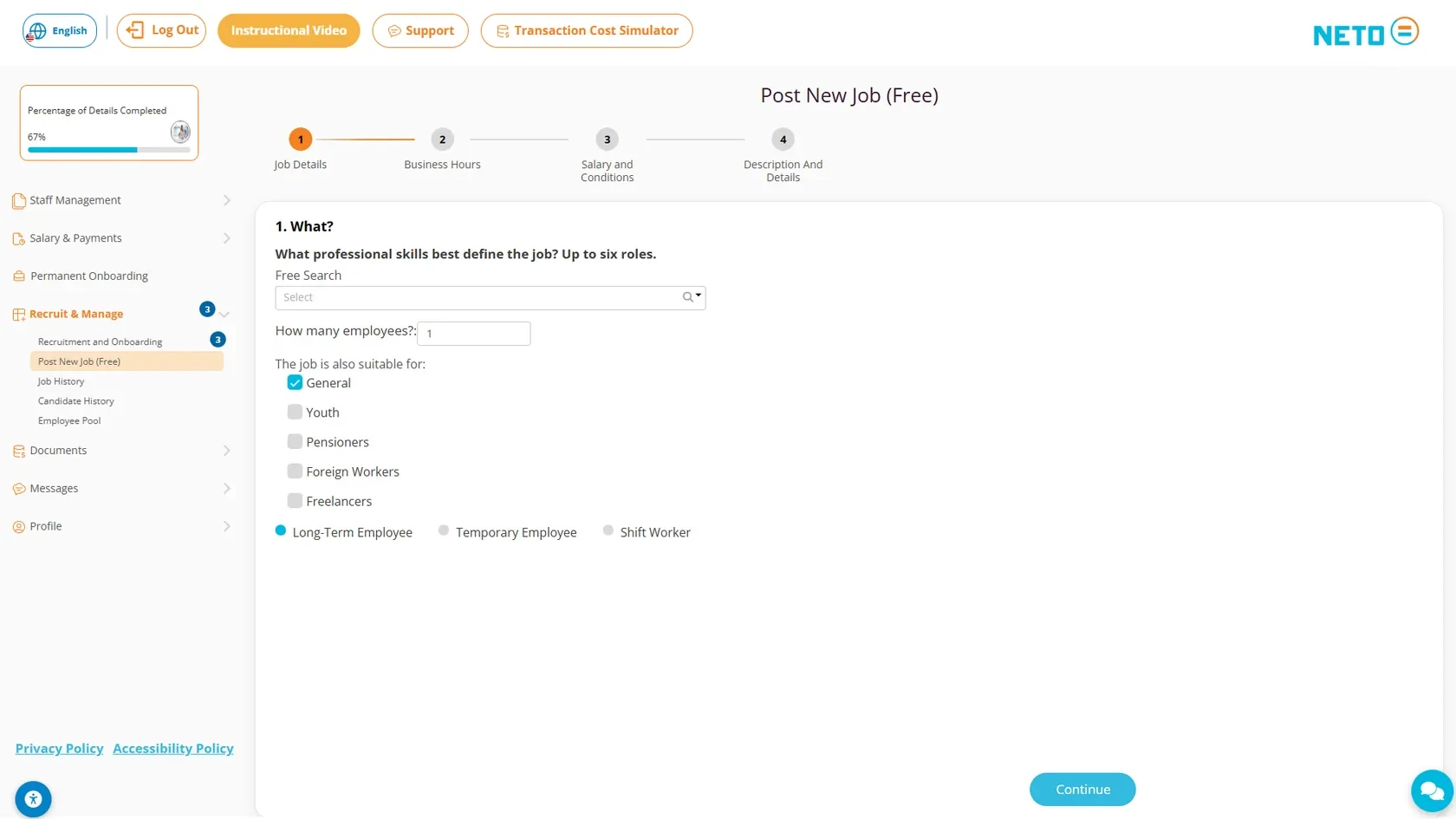 Step 3 · Recruit and Manage menu and screen 1. What? in the Post New Job (Free) wizard