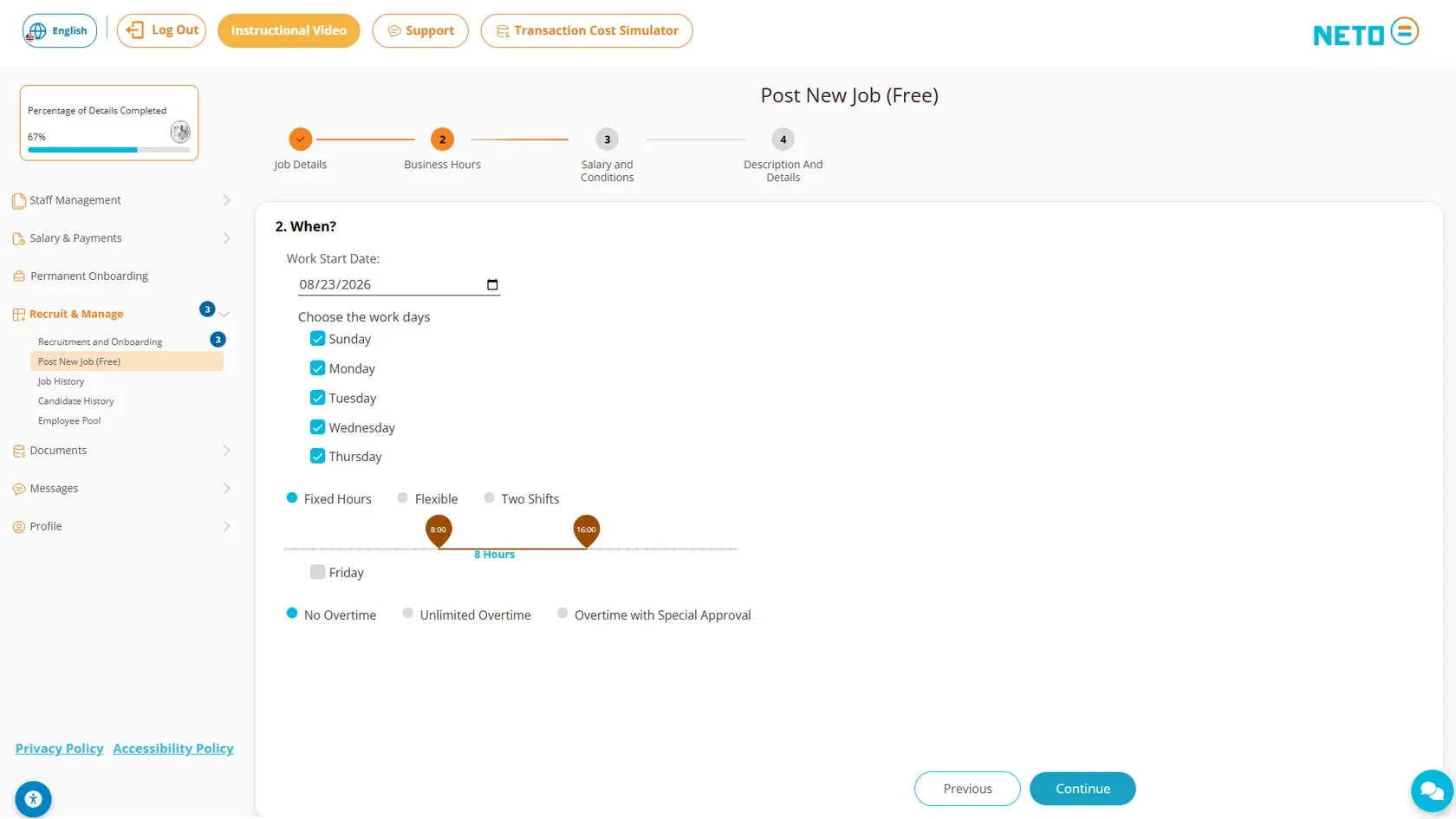 Step 4 · screen 2. When? with Work Start Date, work days, Fixed Hours and the hours bar