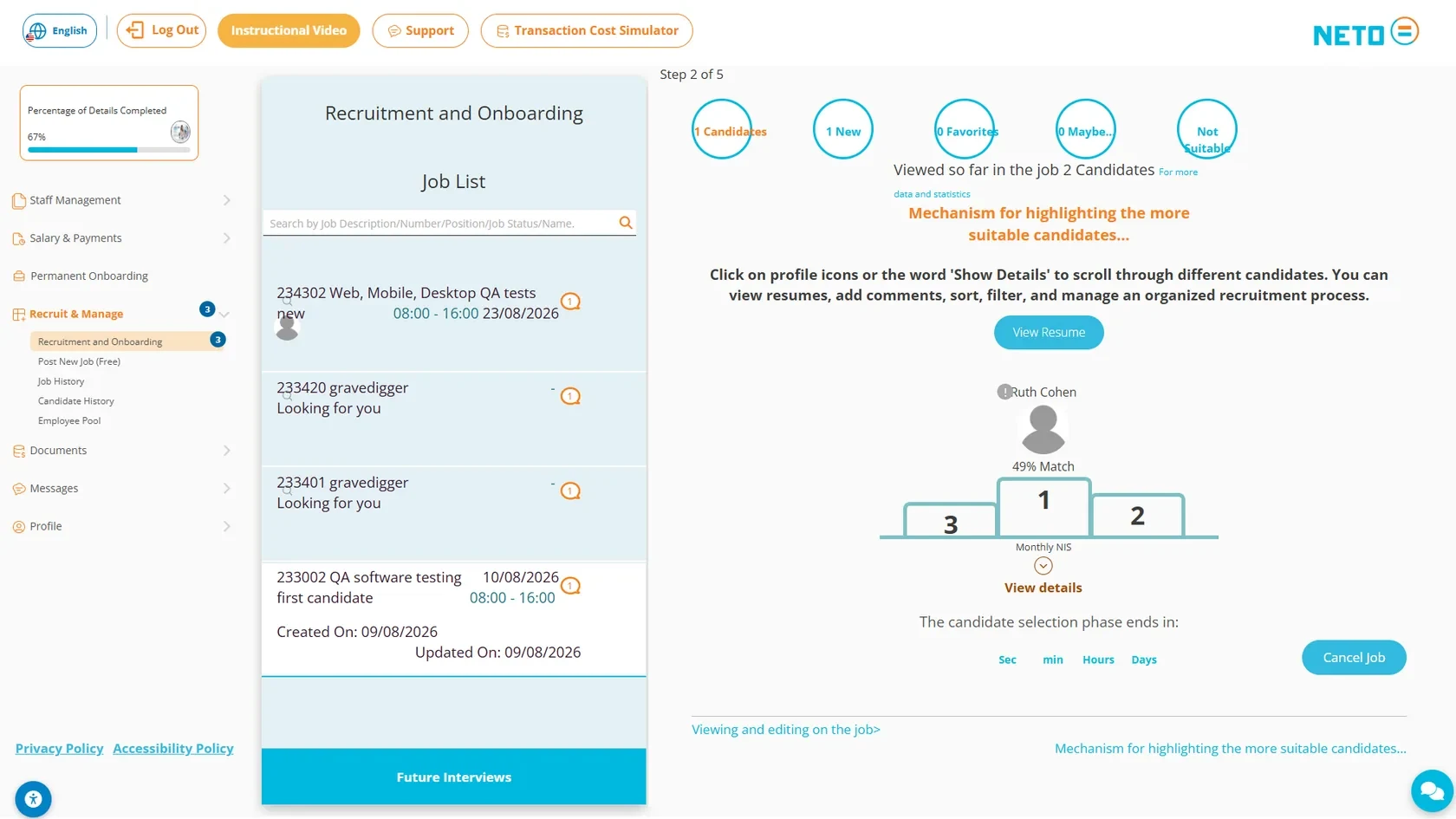 Step 8 · Recruitment and Onboarding screen with the candidate podium and match percentages