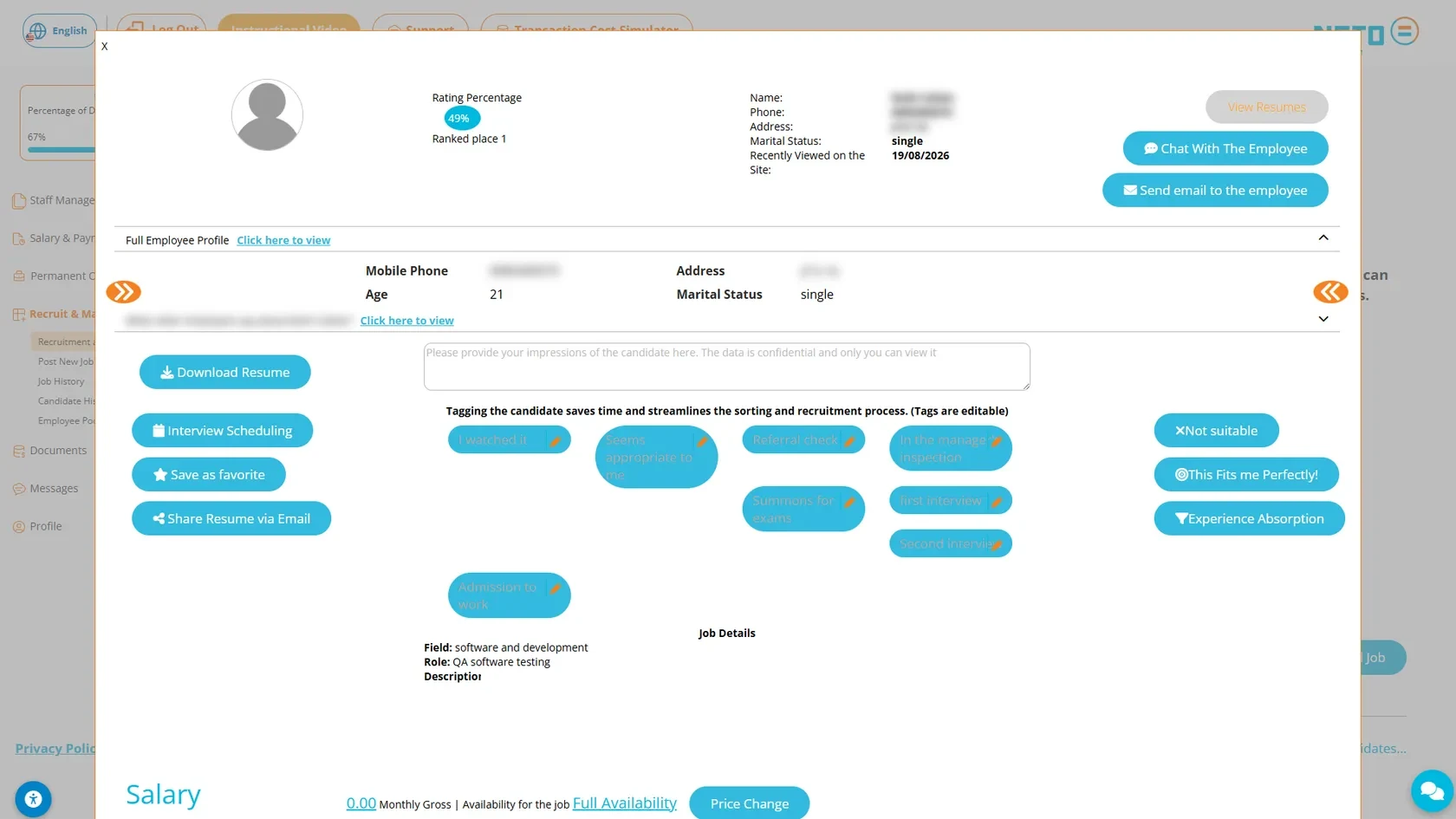 Step 9 · candidate card with resume, chat, email, tags and confidential notes