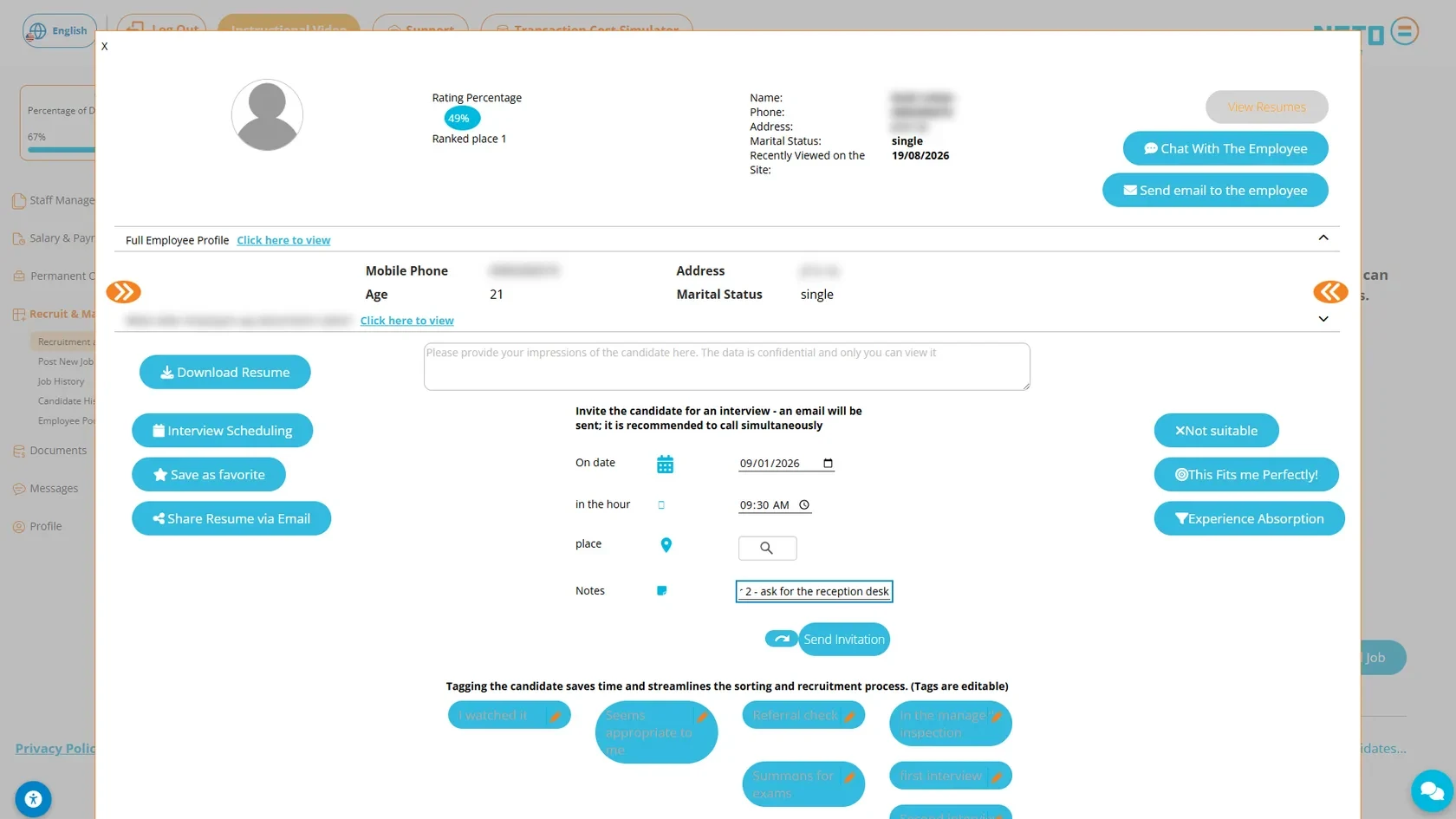 Step 10 · interview invitation form with date, hour, place and notes and the Send Invitation button