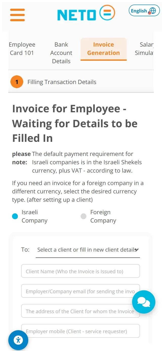 Step 2 · the Invoice Generation tab on a phone: transaction details and client selection