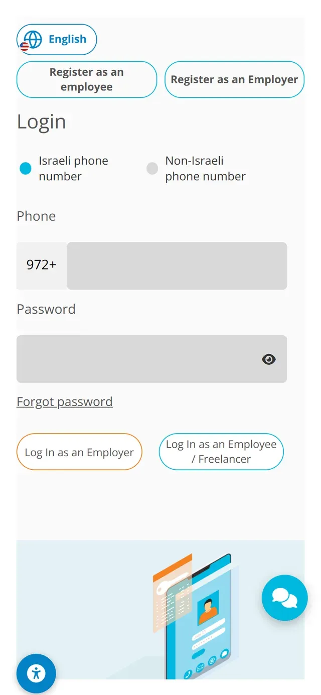 Step 1 · the NETO login screen on a phone, with Log In as an Employee / Freelancer