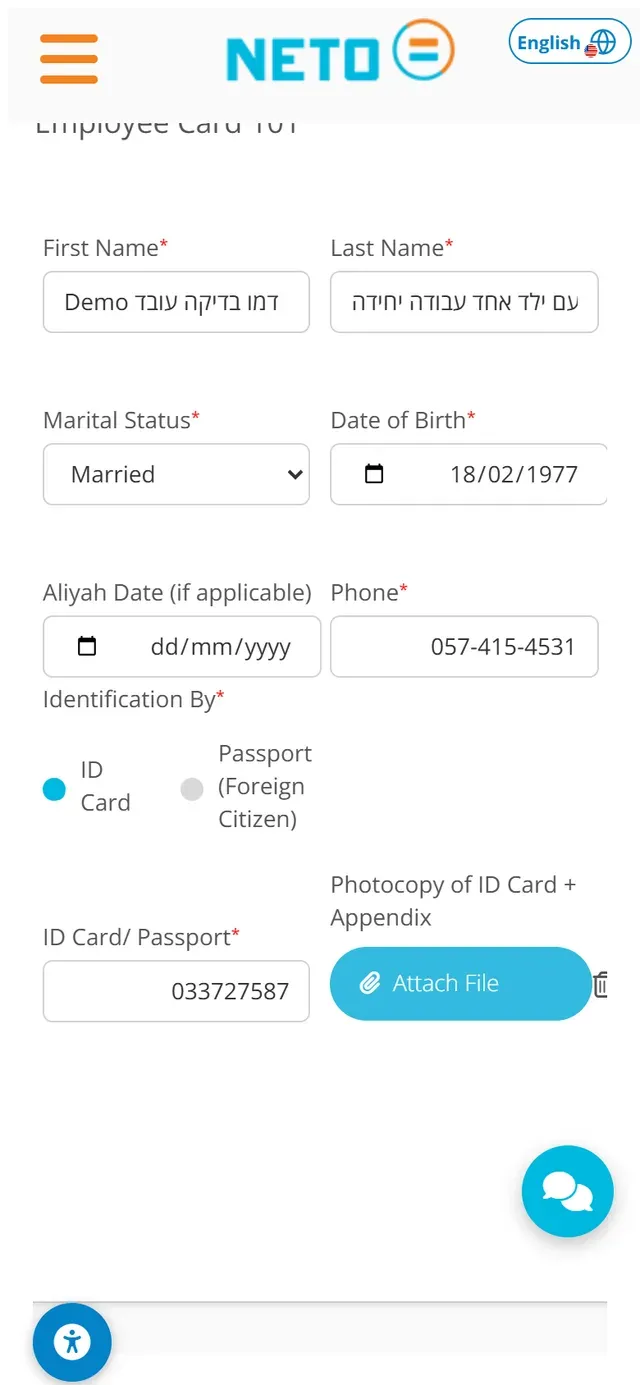 Step 3 · Employee Card 101 on a phone: name, marital status, date of birth and ID details