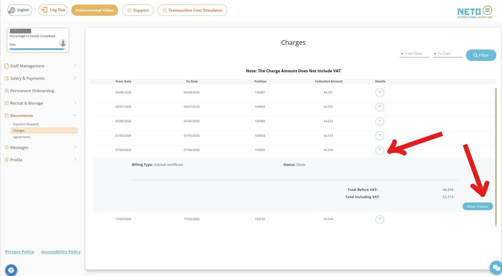 The Charges screen · tax-invoice receipts with details and View Invoice