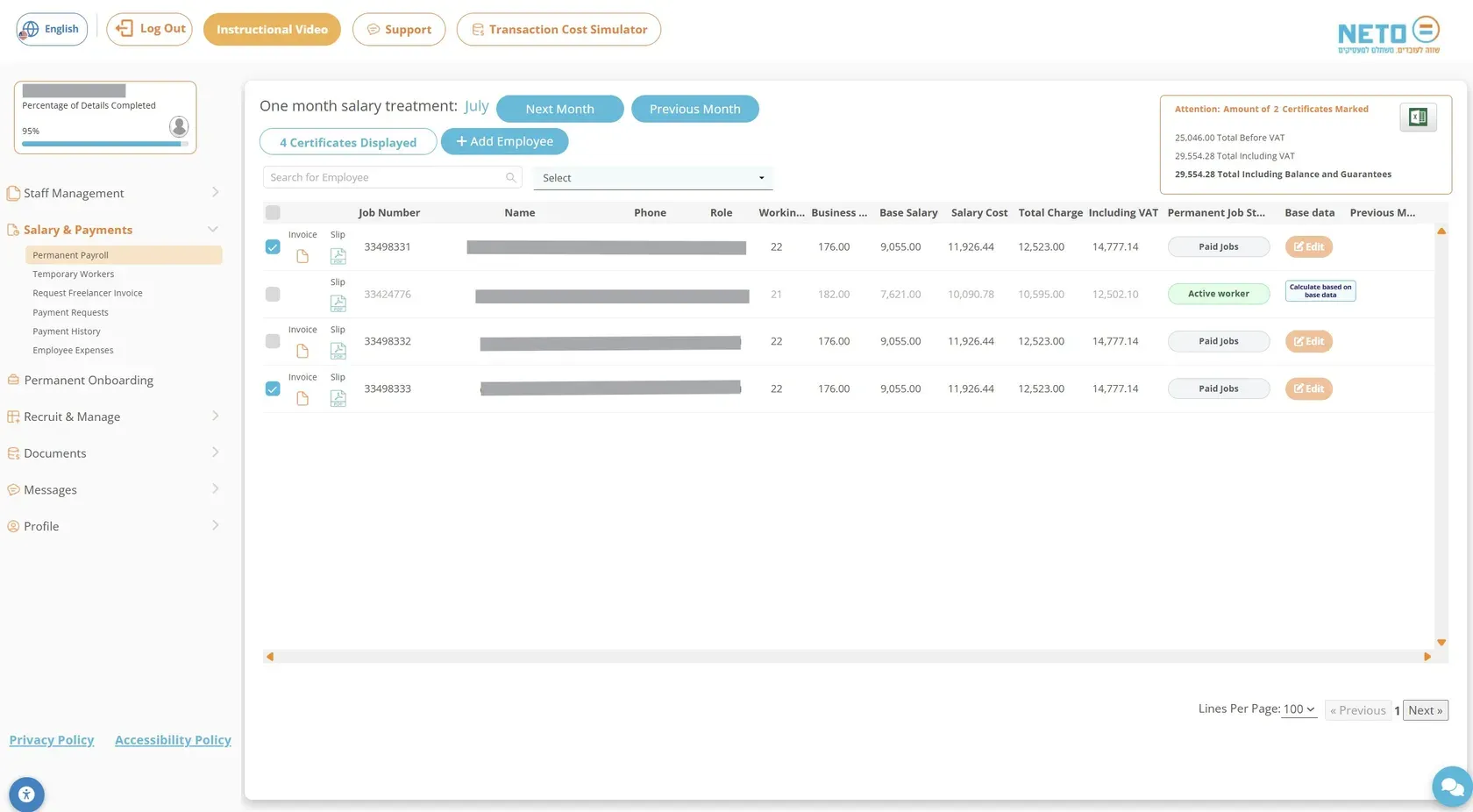 The Permanent Payroll screen · one-month salary treatment with a payslip and invoice per employee