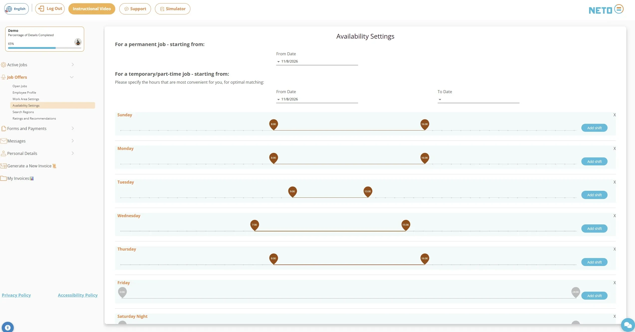 Step 4 · Setting availability and shifts on the timeline in the NETO system