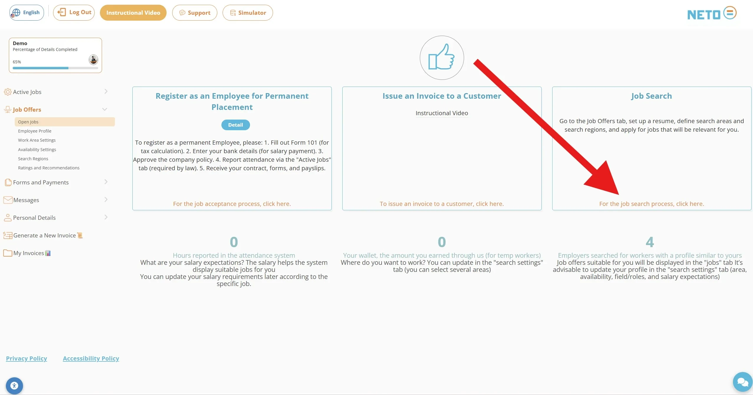 Step 1 · The dashboard with the job search card in the NETO system