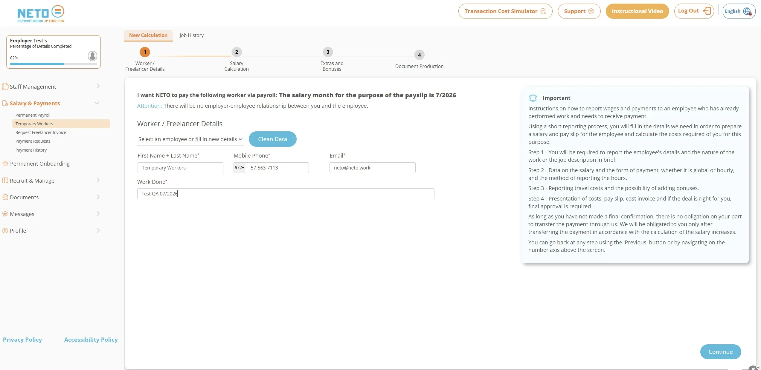The worker details step in the temporary worker wizard