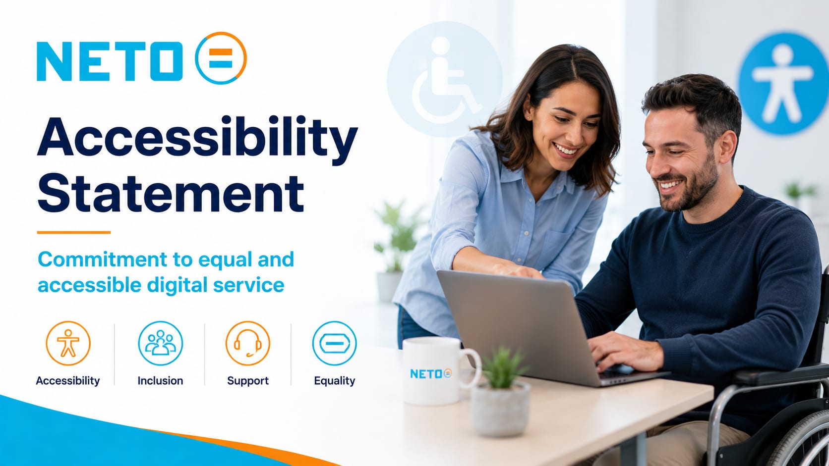 A wheelchair user and a colleague working together on a laptop · NETO Accessibility Statement, making the NETO website accessible, including for workers and employers with disabilities