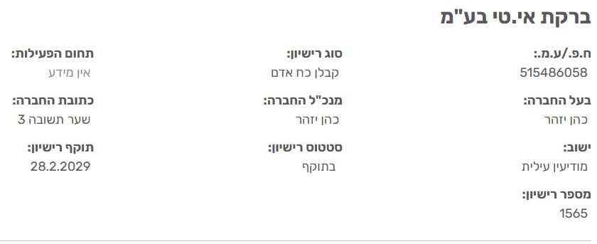 כרטיס רשומת רישיון קבלן כוח־אדם 1565 במאגר הממשלתי